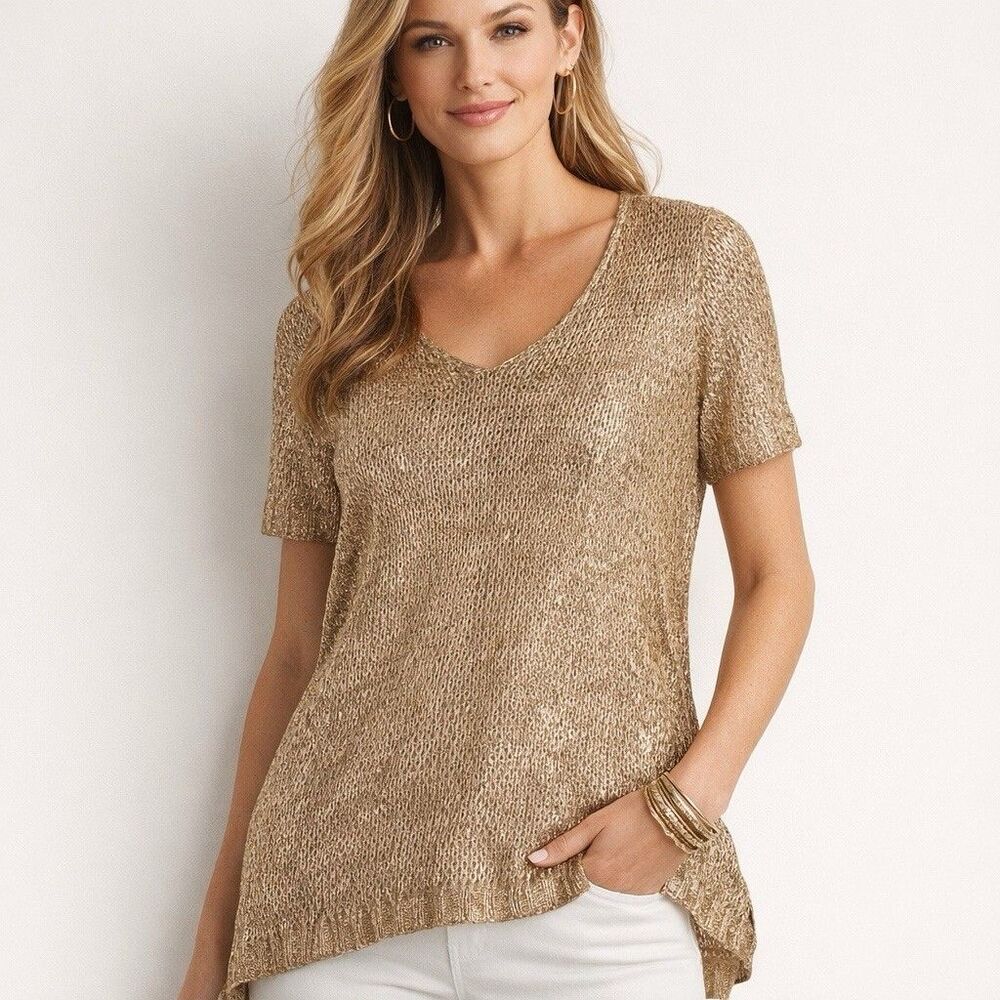 Chico’s Rose Gold Foil Open Knit Sweater Top NWT Size 2